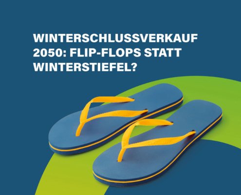 Mit meteoviva Energiekosten in Shopping Centern senken. Motiv Winterschlussverkauf 2050: Flip-Flops statt Winterstiefel?