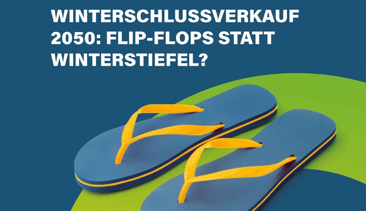 Mit meteoviva Energiekosten in Shopping Centern senken. Motiv Winterschlussverkauf 2050: Flip-Flops statt Winterstiefel?