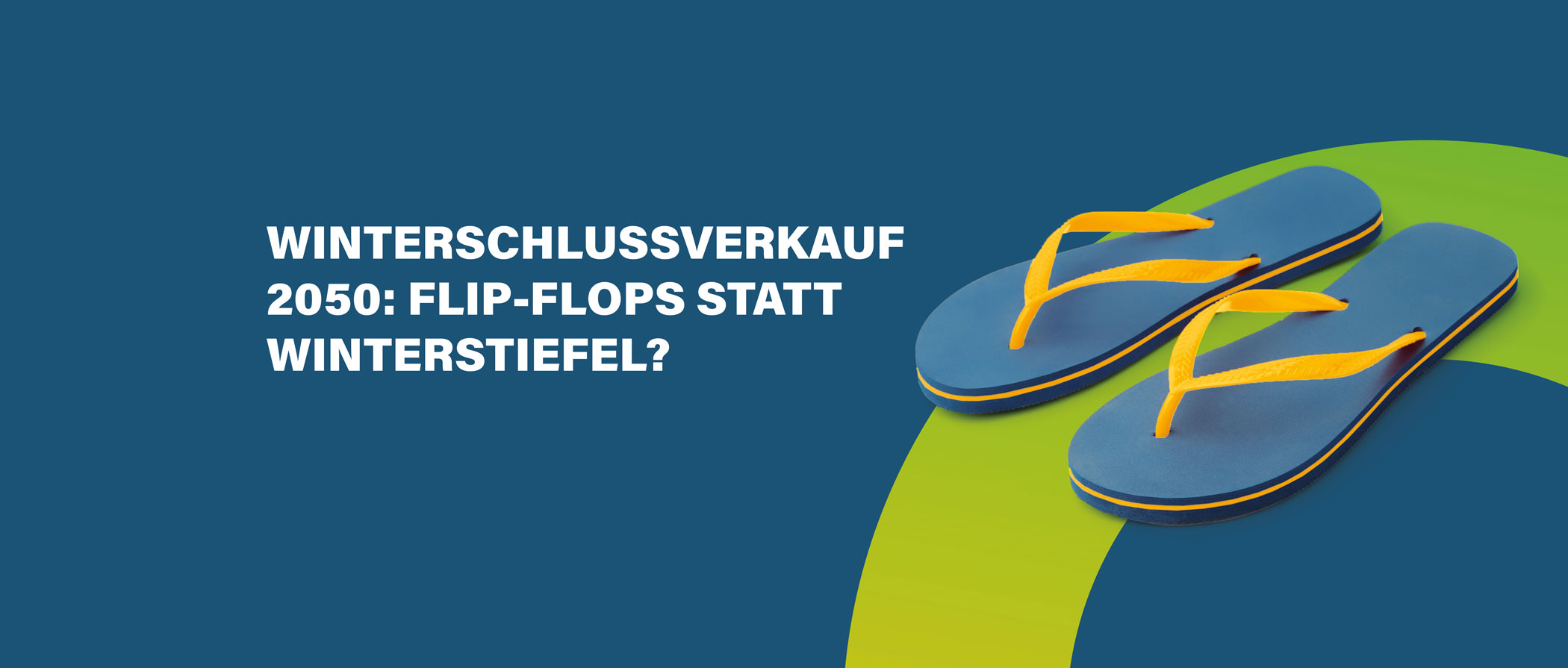 Mit meteoviva Energiekosten in Shopping Centern senken. Motiv Winterschlussverkauf 2050: Flip-Flops statt Winterstiefel?